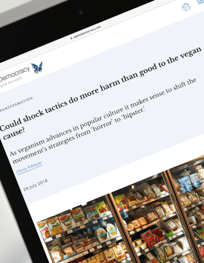 Screenshot on a tablet of an article by Chris Fittock on openDemocracy